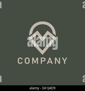 Pin Marker Design with Mountain Design Template Forming Letter M, Modern Minimalist Style Stock Vector