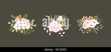Elegant floral arrangements with pink and white flowers on dark background. Stock Vector