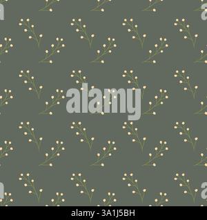 Minimalist floral pattern on olive green background with subtle yellow accents. Stock Vector