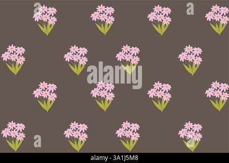 Pink flower bouquets on dark brown background pattern. Stock Vector