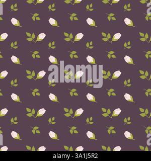 Seamless pattern of pink roses and green leaves on dark purple background. Stock Vector