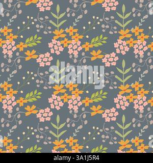 Colorful floral pattern with orange and pink flowers on gray background. Stock Vector