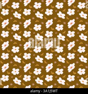 Seamless bright floral pattern with decorative swirls on brown background. Stock Vector