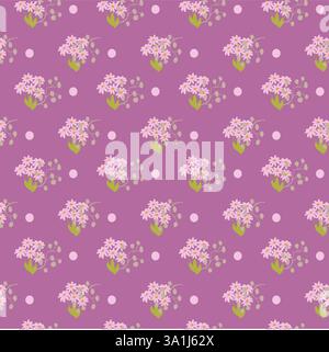Floral pattern with pink flowers and polka dots on lavender background. Stock Vector