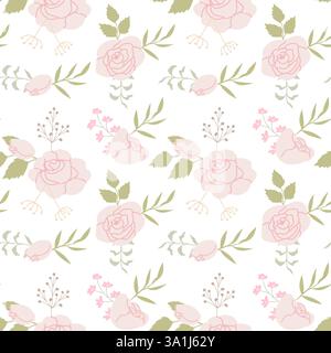 Elegant floral pattern with pink roses and green leaves on white background. Stock Vector