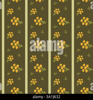 Vintage floral pattern with yellow flowers on green striped background. Stock Vector