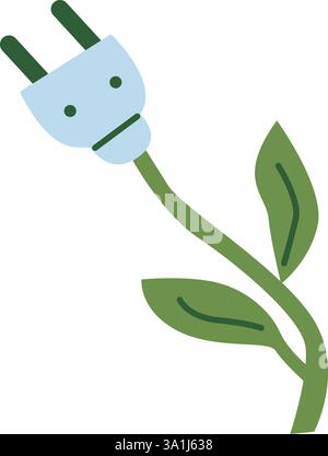 Eco friendly energy symbol, renewable power icon. Environment protection illustration. Flat design. Green plug with leaves. Stock Vector
