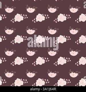 Romantic pink rose and heart pattern on dark background. Stock Vector