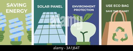 Eco-friendly practices: saving energy, solar solutions, and sustainable living. Set of eco posters - flat design. Stock Vector