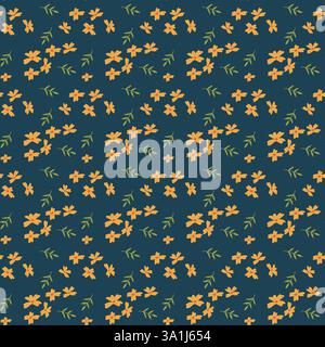 Seamless pattern of orange flowers and green leaves on dark background. Stock Vector