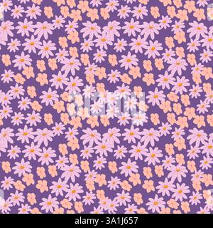 Seamless purple and peach floral pattern with daisy motifs. Stock Vector