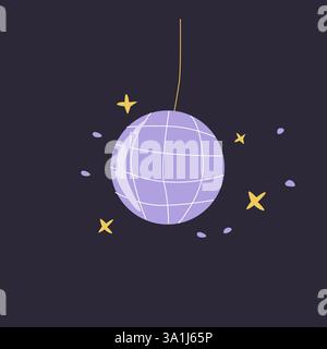 Disco ball Vector color icon. Club ball for party on dark background. Disco decoration element with stars. Doodle illustration. Stock Vector