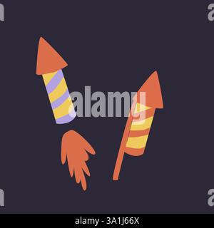 Party rocket with confetti. Birthday surprise. Firecracker with serpentine or fireworks. Vector icons on dark background. Stock Vector