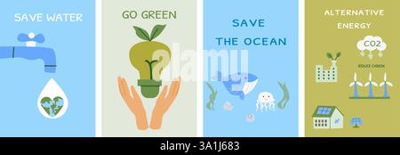Creative environmental posters highlighting conservation and renewable energy solutions. Set of eco posters - flat design. Stock Vector