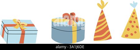 2 Gift boxes and party hats isolated. Hand drawn illustration for event decorations, greeting card, banners. Stock Vector