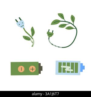 Eco-friendly energy icons: nature-inspired plugs and green batteries. Stock Vector