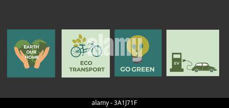 Eco-friendly initiatives: sustainable living, green transport, renewable energy, electric vehicles. Set of eco posters - flat design. Stock Vector