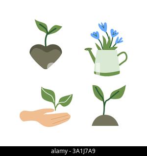 Gardening and plant growth vector icons set with watering can and sprouts. Stock Vector
