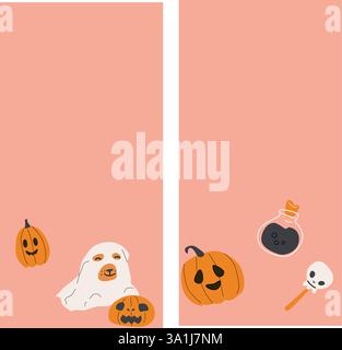 Halloween stories set in pink peach colors. Flat design. Magic elements, sweets and pet vertical background. Stock Vector