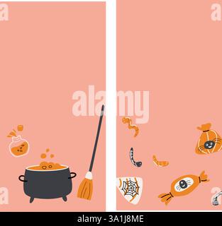Halloween stories set in pink peach colors. Flat design. Magic elements, sweets and pet vertical background. Stock Vector