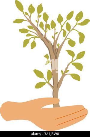 Hand holding plant with leaf in drawing. Green sprout tree and gardening element. Organic farm concept. Doodle flat vector illustration. Stock Vector