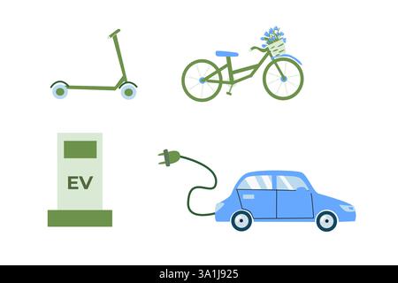 Eco-friendly transportation icons featuring electric car, charging station, bicycle, and scooter. Stock Vector