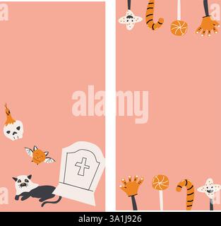 Halloween stories set in pink peach colors. Flat design. Magic elements, sweets and pet vertical background. Stock Vector