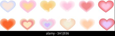 Set of Blurred heart shape in y2k style. Gradient trendy love element for greeting card and poster for Valentines Day. Stock Vector