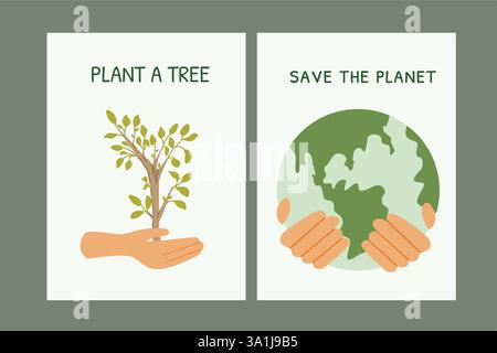 Environmental conservation: plant a tree and save the planet message. Set of eco posters - flat design. Stock Vector