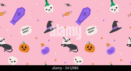 Seamless pattern with magic halloween elements hat, skull, pot, candle, bottle and pets. Wrapping texture on pink background. Stock Vector