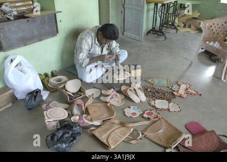 Leather work, metal punching, Kutch, Gujarat, India, Asia Stock Photo