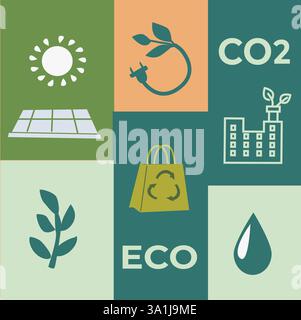 Eco-friendly icons illustrating renewable energy and sustainable living concepts. Stock Vector