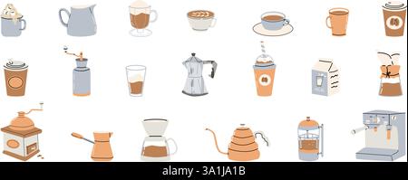 Stickers set for coffee lovers, equipment and drink elements. French press, coffee maker, machine, mug, cup, milk pot, kettles. Coffee collection for Stock Vector