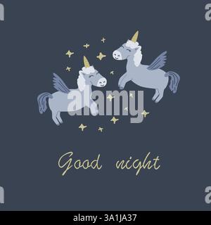 Magical unicorn good night design for children's bedding and decor. Stock Vector