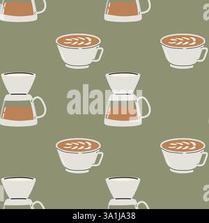 Seamless pattern for coffee lovers, coffee maker and cup with latte. Stock Vector