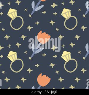 Whimsical princess pattern with rings flowers and stars for fabric design. Stock Vector