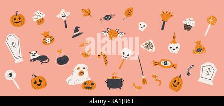 Happy Halloween Day elements background. Cute Helloween sticker pack on pink. Retro colors. Halloween Stock Vector