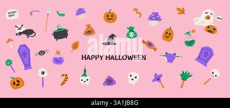 Happy Halloween Day elements background. Cute Helloween sticker pack on pink. Retro colors. Halloween Stock Vector