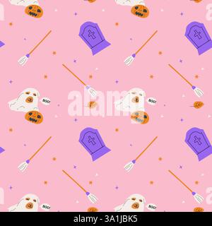 Seamless pattern with magic halloween elements hat, skull, pot, candle, bottle and pets. Wrapping texture on pink background. Stock Vector