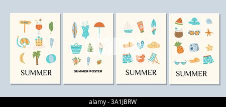 Abstract modern summer vacation posters set. Travel and beach journey elements in flat style. Minimal design. Cover or banner template with ice cream, Stock Vector