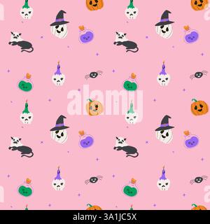 Seamless pattern with magic halloween elements hat, skull, pot, candle, bottle and pets. Wrapping texture on pink background. Stock Vector
