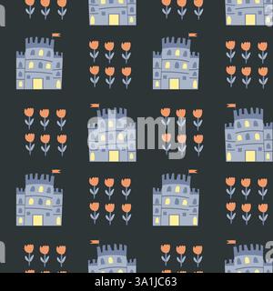 Princess castle and tulip motif pattern for textile and decor design. Stock Vector