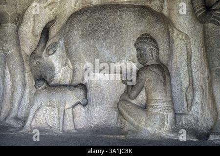 Rock sculpture ; scene from Puranas ; Mandapam ; Mamallapuram ; Tamil ...