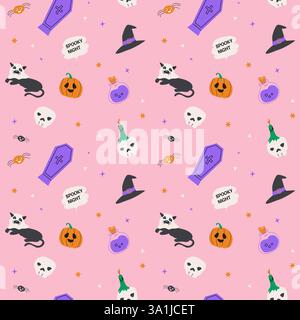 Seamless pattern with magic halloween elements hat, skull, pot, candle, bottle and pets. Wrapping texture on pink background. Stock Vector