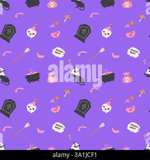 Seamless pattern with magic halloween elements hat, skull, pot, candle, bottle and pets. Wrapping texture on pink background. Stock Vector
