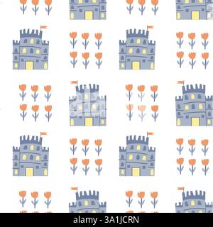 Whimsical princess castle and tulip pattern for children's design projects. Stock Vector