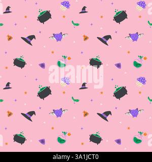 Seamless pattern with magic halloween elements hat, skull, pot, candle, bottle and pets. Wrapping texture on pink background. Stock Vector