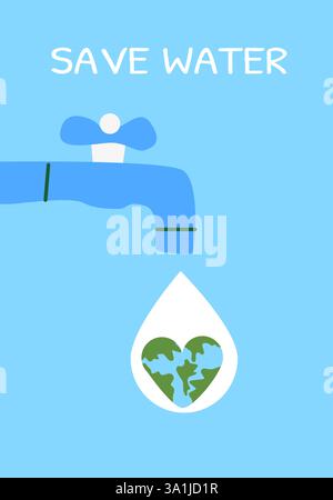 Save water campaign: blue faucet with earth heart water drop on light background. Stock Vector