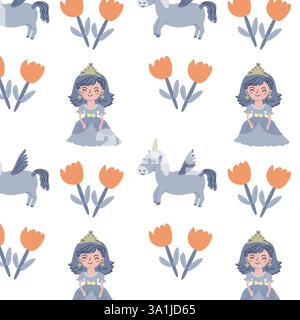 Charming princess and unicorn pattern with floral accents for kids' decoration. Stock Vector