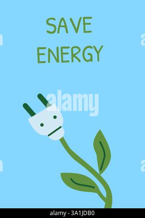 Eco-friendly energy concept with leafy power plug on blue background. Stock Vector